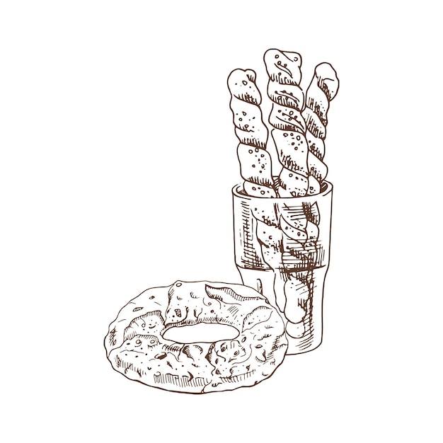 Hand drawn illustration of glass with baguettes and pretzel, Sketch icon and bakery element