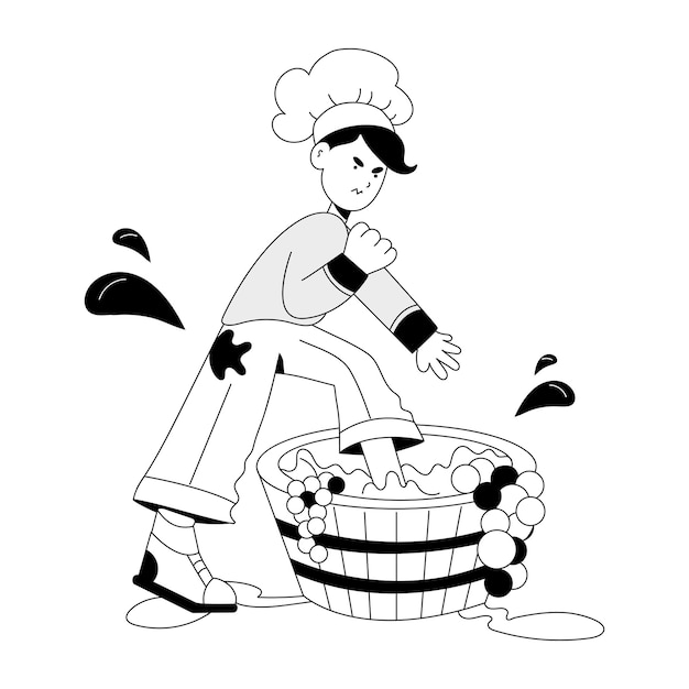 Hand drawn illustration of grapes stomping