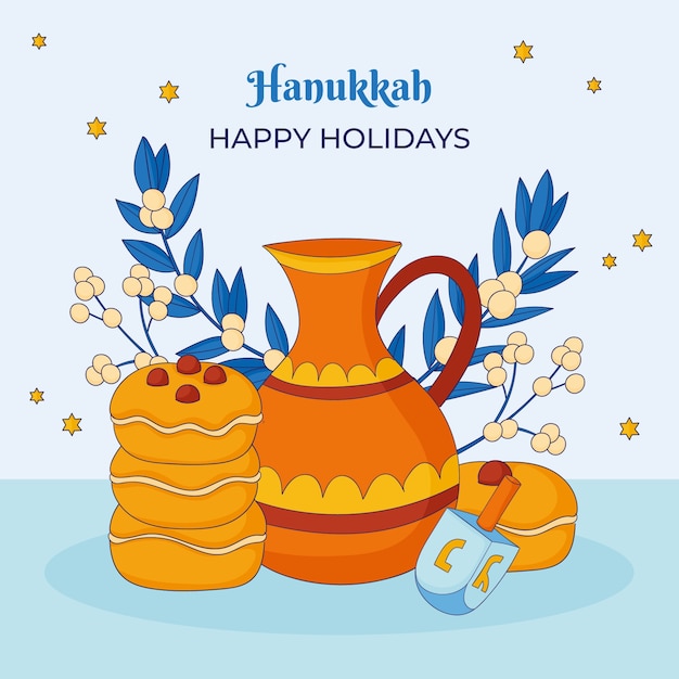 Hand drawn illustration for hanukkah celebration with desserts and dreidel