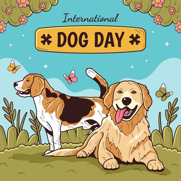 Vector hand drawn illustration for international dog day celebration