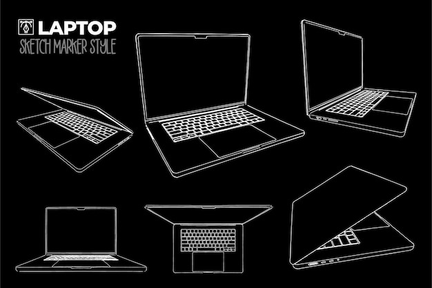 Hand drawn illustration Laptop with marker strokes