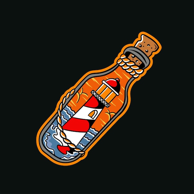 Hand drawn illustration of a lighthouse in a bottle