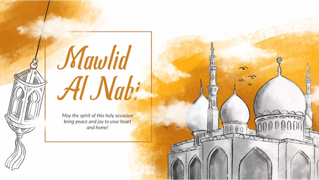 Hand drawn Illustration of Mawlid Al Nabi celebration. 