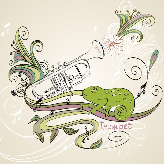 Hand drawn illustration of musical trumpet with chameleon