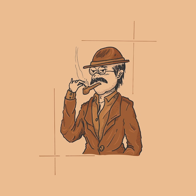 Hand drawn illustration Old man in brown suit and hat lighting cigarette