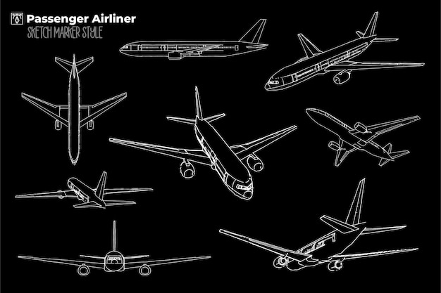 Hand drawn illustration of Passenger Airliner in marker strokes style