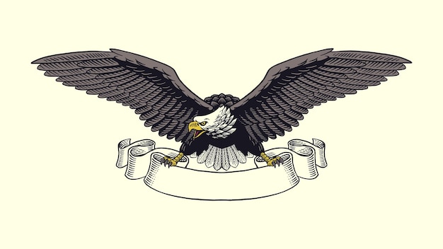 Vector hand drawn illustration of pierce american eagle perched on ribbon