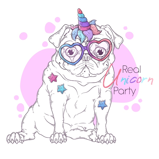 Hand drawn illustration of the pug dog with a unicorn horn .