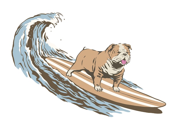 Vector hand drawn illustration of pug surf the wave in vintage style