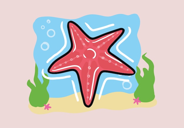 hand drawn illustration of red sea star in sand. Flat vector sea star illustration.