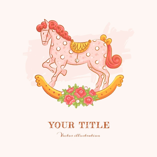 Hand drawn illustration of rocking horse and flowers