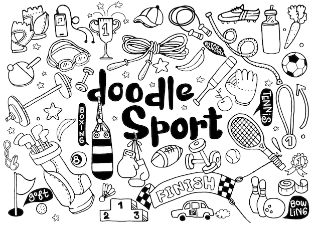 Hand drawn illustration set of fitness and sport sign and symbol doodles elements.