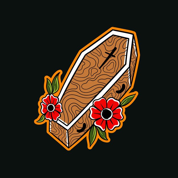 Vector hand drawn illustration of traditional coffin tattoo