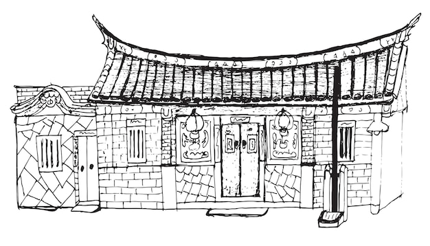 Vector hand drawn illustration of traditional hokkien folk house