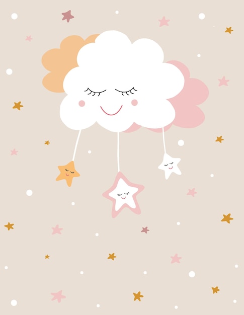 A hand drawn illustration with a cute cloud and stars in cartoon style Poster for the childrens room