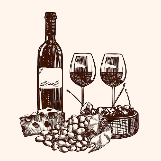 Hand drawn illustration with grapes two glasses head of cheese and bottle of wine in sketch style