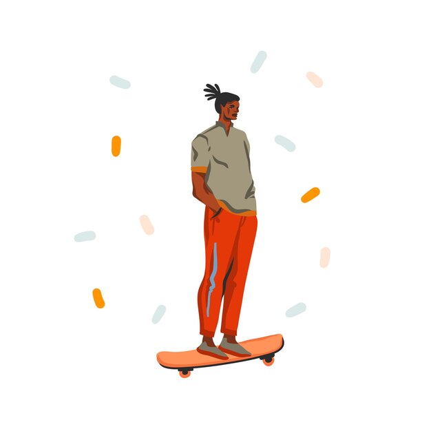 Hand drawn illustration with happy, young adult hipster african american male in fashion style outfit skates on skateboard isolated