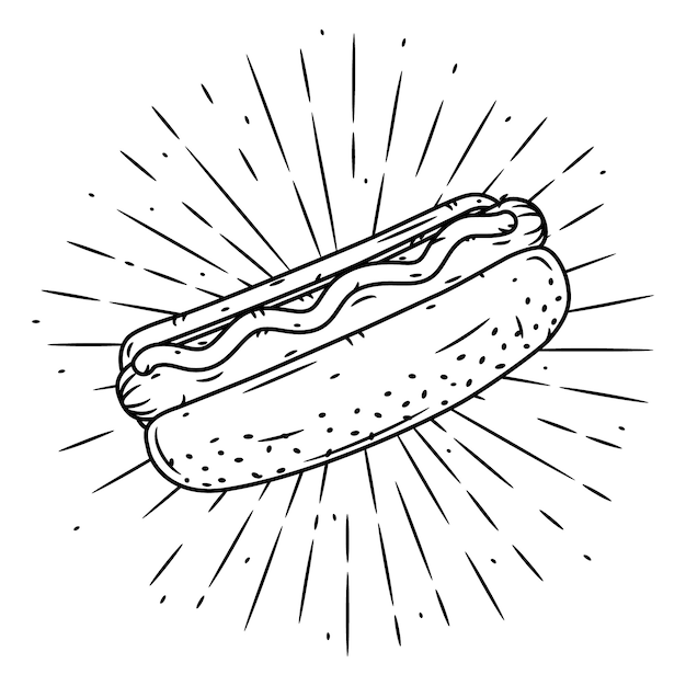 Hand drawn   illustration with hot dog and divergent rays.  