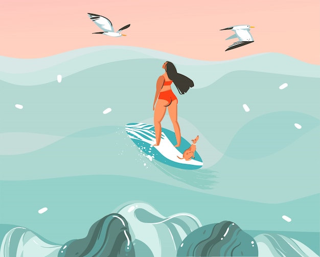 Hand drawn     illustration with a surfer girl surfing with a dog and seagulls  on ocean wave landscape background