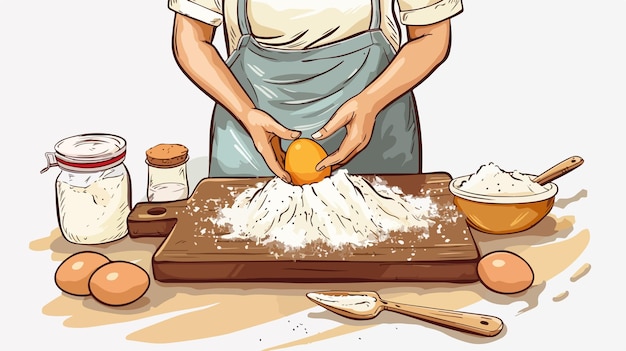 Hand Drawn Illustration of Woman Cracking an Egg into Flour