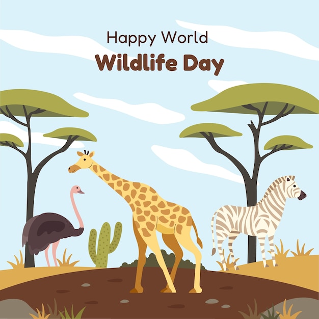 Hand drawn illustration for world wildlife day with flora and fauna