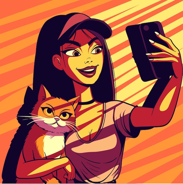 Vector hand drawn illustration of a young asian woman taking a selfie with her goofy cat at the golden hour