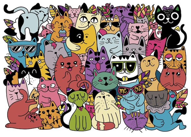 Hand drawn illustrations of Cats characters. Sketch style. Doodle, Different species of Cats , Illustration for children ,Each on a separate layer.