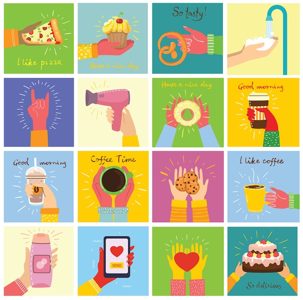 Hand-drawn illustrations of hands holddifferent things, such as smartphone, pizza, ice cream, donut and othersin the flat style