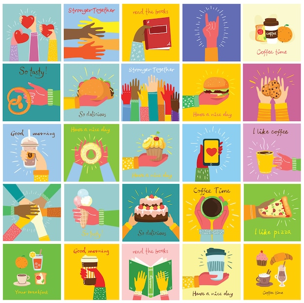 Hand-drawn illustrations of hands holddifferent things, such as smartphone, pizza, ice cream, donut and othersin the flat style