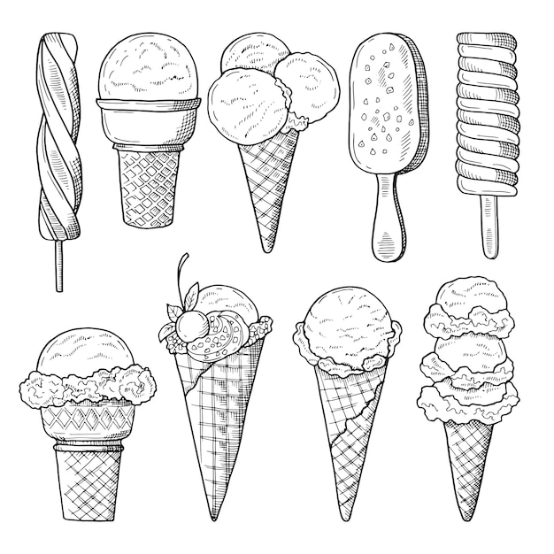 Hand drawn illustrations set of ice creams. Vector sketch