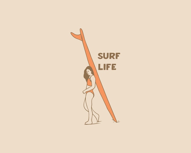 hand drawn illustrative woman with surf board