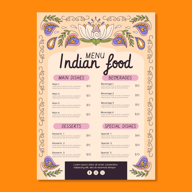 Vector hand drawn indian food menu template