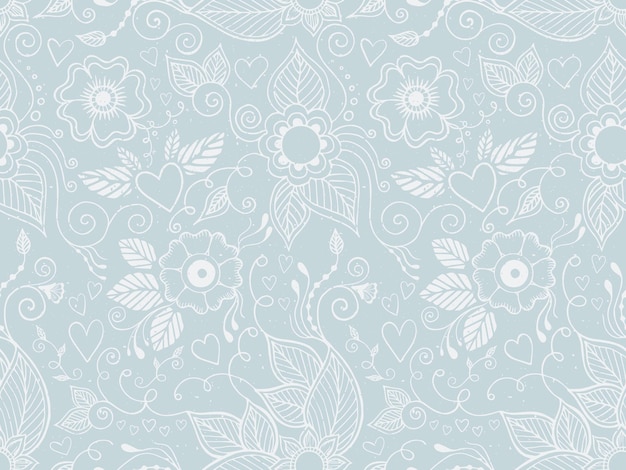 Hand drawn indian mehndi flowers and hearts with aging effect on blue background Seamless pattern