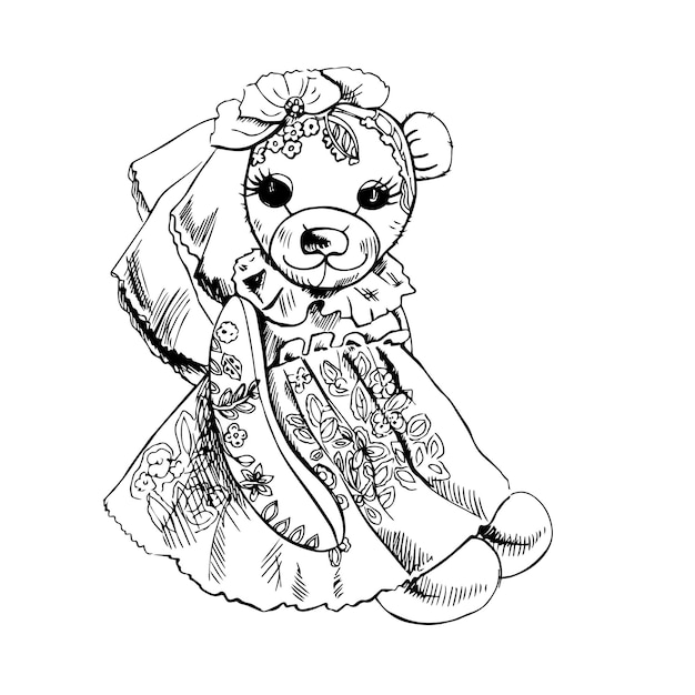 A hand drawn ink sketch of a vintage teddy bear girl in vector illustration