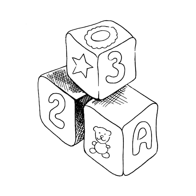 A hand drawn ink sketch of a vintage wooden cubes in vector illustration