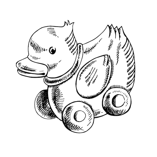 A hand drawn ink sketch of a vintage wooden toy duck on wheels in vector