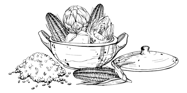 Vector hand drawn ink vector illustration cooking pot ceramics vegetable stew maize corn quinoa south american cuisine composition isolated on white background design travel vacation brochure print