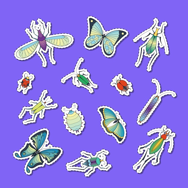  hand drawn insects stickers set illustration