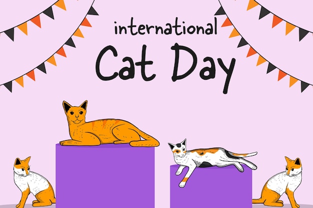 Vector hand drawn international cat day background illustration