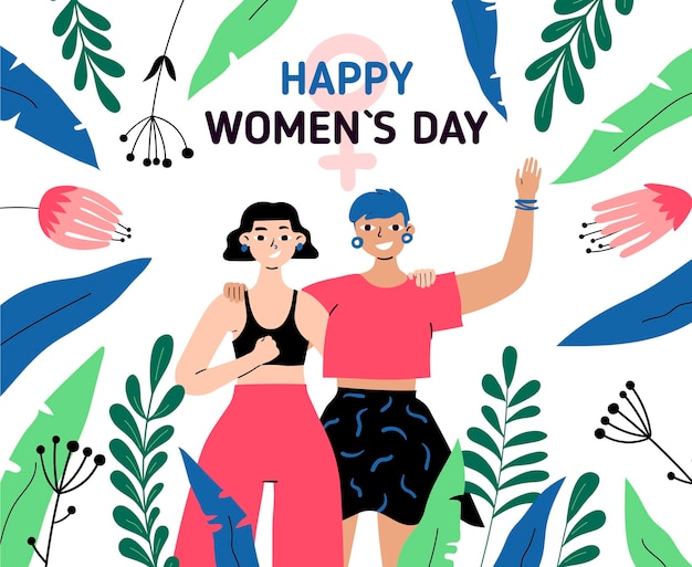 Vector hand-drawn international women's day illustration with women and leaves