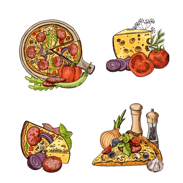 hand drawn italian pizza, vegetables and cheese piles set. 