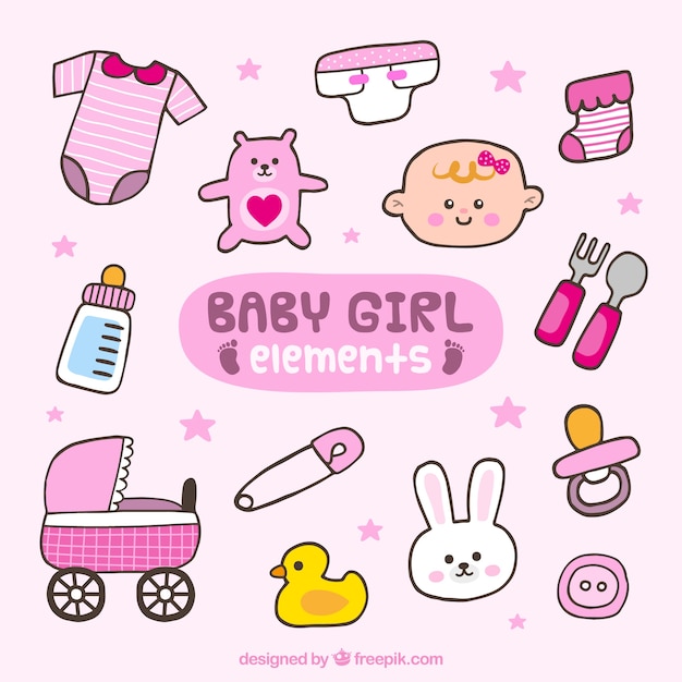 Hand-drawn items for baby girl