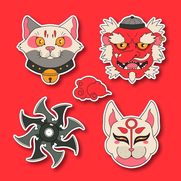 Hand drawn japanese sticker set