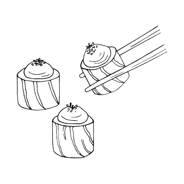 Hand drawn Japanese sushi rolls set with chopsticks. Asian food doodle Illustration