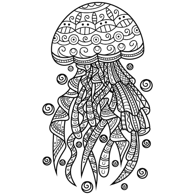 Hand drawn of jellyfish in zentangle style