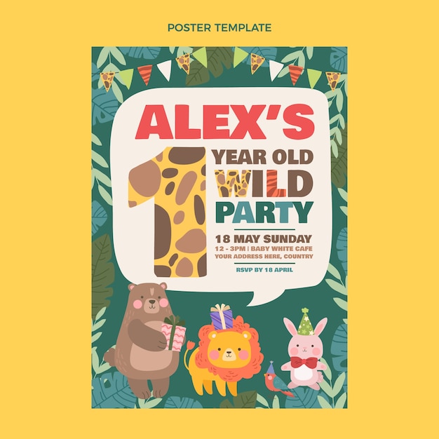 Hand drawn jungle birthday party vertical poster template