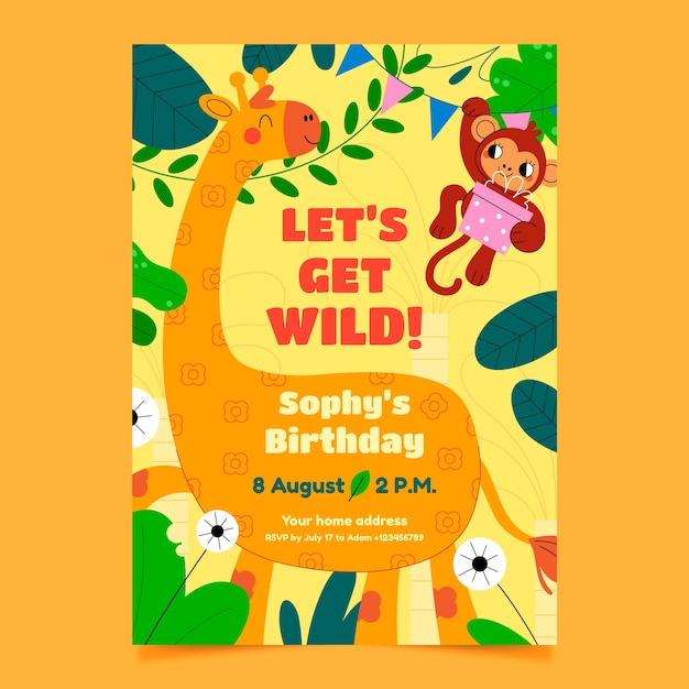 Hand drawn jungle party invitation with animals