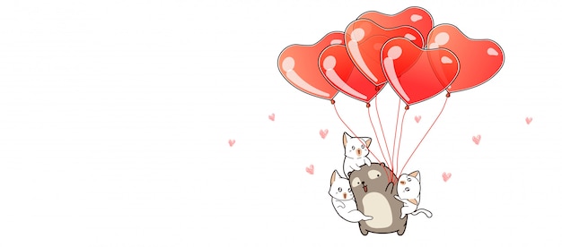 Hand drawn kawaii bear and cats with heart balloons