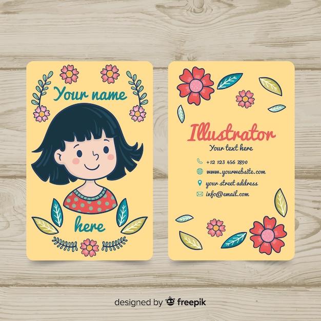 Hand drawn kawaii business card template