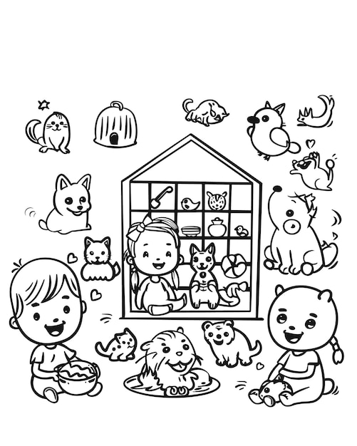 Hand drawn kawaii coloring book illustration for kids Black and white illustration